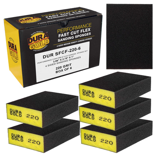 220 Grit 4-Sided Hand Sanding Block Sponges, Box of 6 - Performance Flex 3.9" x 2.75" x 1" Wet or Dry Flexible Sandpaper Abrasive Brick Pads, Reusable - Sand Wood, Drywall, Metal, Auto Paint