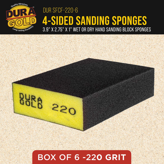 220 Grit 4-Sided Hand Sanding Block Sponges, Box of 6 - Performance Flex 3.9" x 2.75" x 1" Wet or Dry Flexible Sandpaper Abrasive Brick Pads, Reusable - Sand Wood, Drywall, Metal, Auto Paint