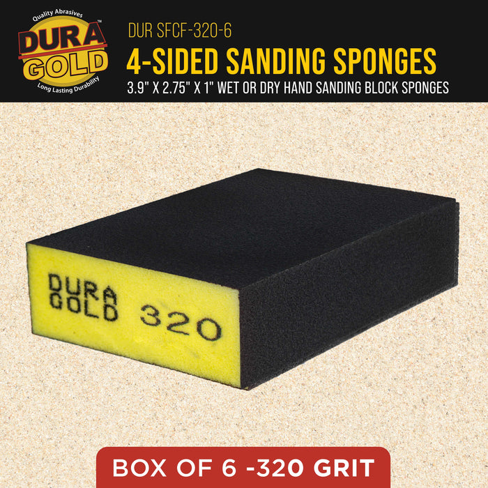 320 Grit 4-Sided Hand Sanding Block Sponges, Box of 6 - Performance Flex 3.9" x 2.75" x 1" Wet or Dry Flexible Sandpaper Abrasive Brick Pads, Reusable - Sand Wood, Drywall, Metal, Auto Paint