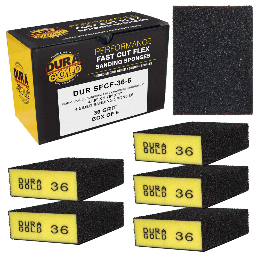 36 Grit 4-Sided Hand Sanding Block Sponges, Box of 6 - Performance Flex 3.9" x 2.75" x 1" Wet or Dry Flexible Sandpaper Abrasive Brick Pads, Reusable - Sand Wood, Drywall, Metal, Auto Paint