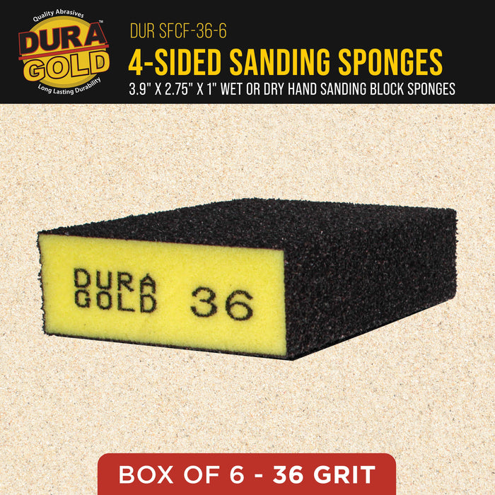 36 Grit 4-Sided Hand Sanding Block Sponges, Box of 6 - Performance Flex 3.9" x 2.75" x 1" Wet or Dry Flexible Sandpaper Abrasive Brick Pads, Reusable - Sand Wood, Drywall, Metal, Auto Paint