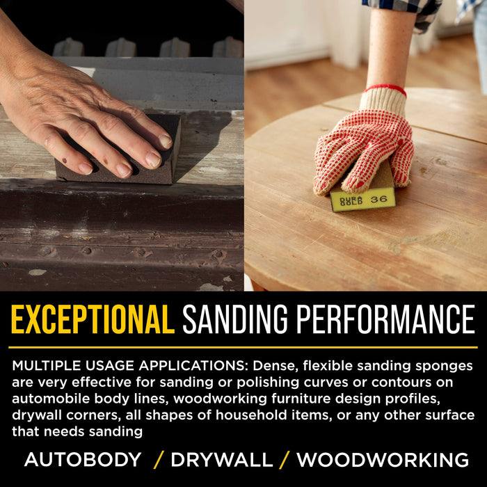 36 Grit 4-Sided Hand Sanding Block Sponges, Box of 6 - Performance Flex 3.9" x 2.75" x 1" Wet or Dry Flexible Sandpaper Abrasive Brick Pads, Reusable - Sand Wood, Drywall, Metal, Auto Paint