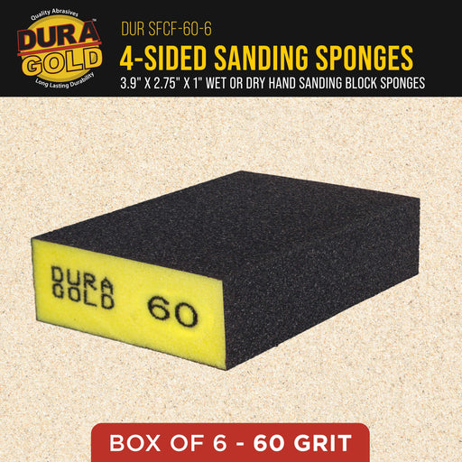 60 Grit 4-Sided Hand Sanding Block Sponges, Box of 6 - Performance Flex 3.9" x 2.75" x 1" Wet or Dry Flexible Sandpaper Abrasive Brick Pads, Reusable - Sand Wood, Drywall, Metal, Auto Paint