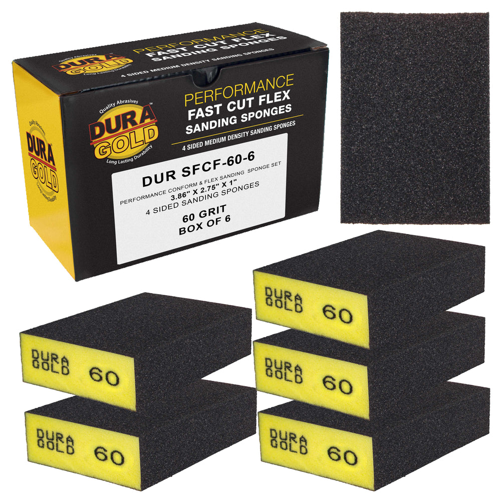 60 Grit 4-Sided Hand Sanding Block Sponges, Box of 6 - Performance Flex 3.9" x 2.75" x 1" Wet or Dry Flexible Sandpaper Abrasive Brick Pads, Reusable - Sand Wood, Drywall, Metal, Auto Paint