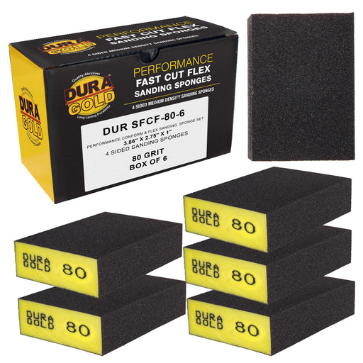 80 Grit 4-Sided Hand Sanding Block Sponges, Box of 6 - Performance Flex 3.9" x 2.75" x 1" Wet or Dry Flexible Sandpaper Abrasive Brick Pads, Reusable - Sand Wood, Drywall, Metal, Auto Paint