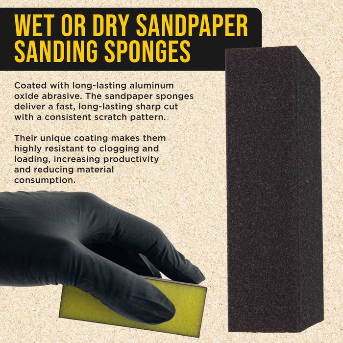 80 Grit 4-Sided Hand Sanding Block Sponges, Box of 6 - Performance Flex 3.9" x 2.75" x 1" Wet or Dry Flexible Sandpaper Abrasive Brick Pads, Reusable - Sand Wood, Drywall, Metal, Auto Paint