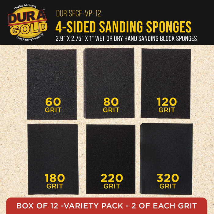 4-Sided Hand Sanding Block Sponge Variety Pack, Box of 12, Grits 60, 80, 120, 180, 220, 320 - 3.9" x 2.75" x 1" Wet or Dry Flexible Sandpaper Pads, Reusable - Sand Wood, Drywall, Metal Paint