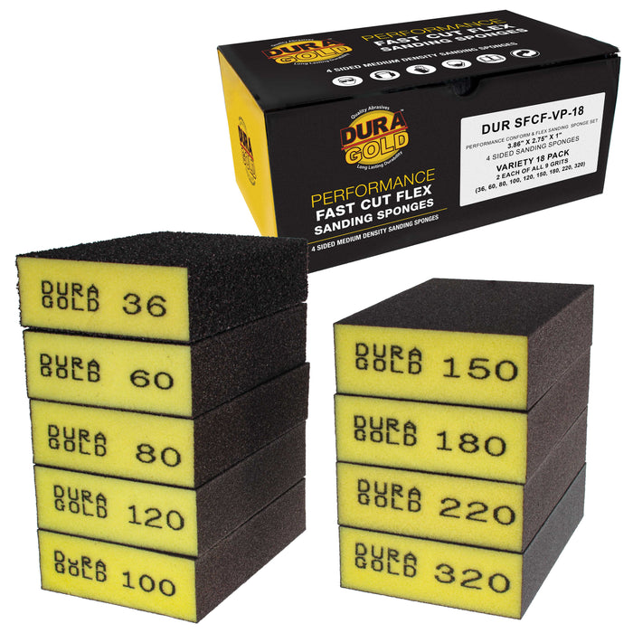 4-Sided Hand Sanding Block Sponge Variety Pack, Box of 18, Grits 36, 60, 80, 100, 120, 150, 180, 220, 320 - 3.9" x 2.75" x 1" Wet or Dry Flexible Sandpaper Pads Sand Wood Drywall Metal Paint