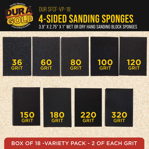 4-Sided Hand Sanding Block Sponge Variety Pack, Box of 18, Grits 36, 60, 80, 100, 120, 150, 180, 220, 320 - 3.9" x 2.75" x 1" Wet or Dry Flexible Sandpaper Pads Sand Wood Drywall Metal Paint