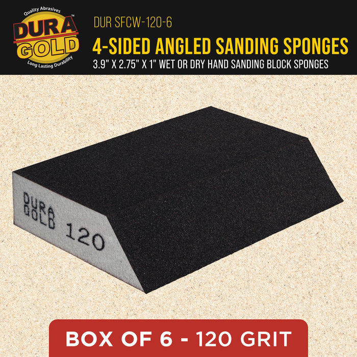 120 Grit 4-Sided Hand Sanding Block Sponges with Angled Edge, Box of 6 - Performance Flex 3.9" x 2.75" x 1" Wet or Dry Flexible Sandpaper Abrasive Pads - Sand Wood, Drywall, Metal Auto Paint