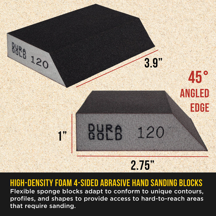 120 Grit 4-Sided Hand Sanding Block Sponges with Angled Edge, Box of 6 - Performance Flex 3.9" x 2.75" x 1" Wet or Dry Flexible Sandpaper Abrasive Pads - Sand Wood, Drywall, Metal Auto Paint