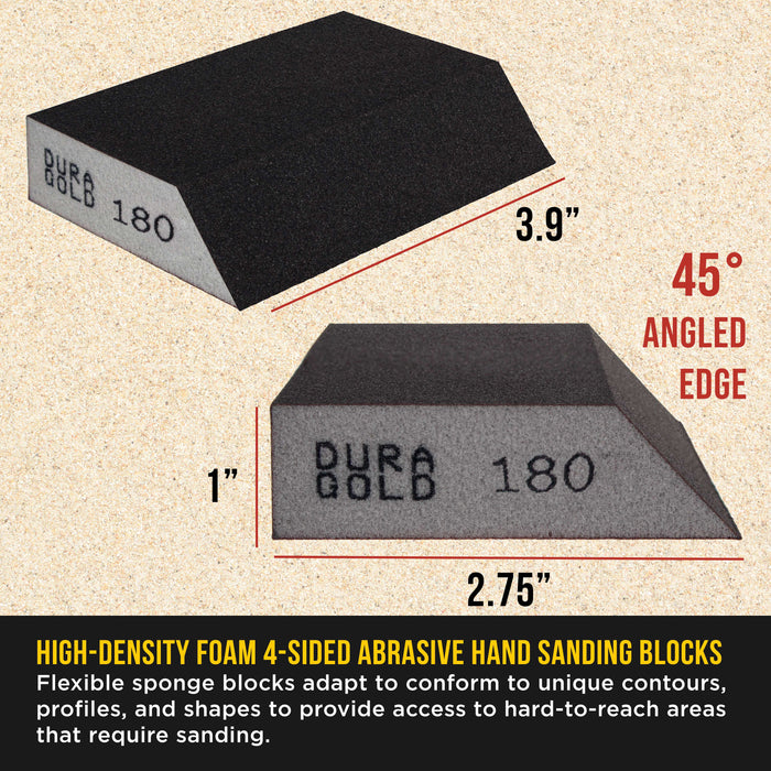 180 Grit 4-Sided Hand Sanding Block Sponges with Angled Edge, Box of 6 - Performance Flex 3.9" x 2.75" x 1" Wet or Dry Flexible Sandpaper Abrasive Pads - Sand Wood, Drywall, Metal Auto Paint