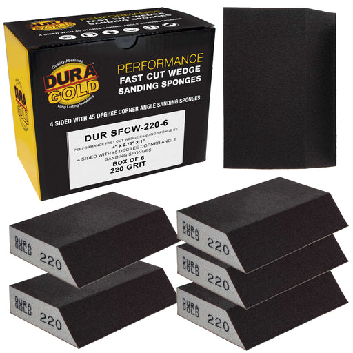 220 Grit 4-Sided Hand Sanding Block Sponges with Angled Edge, Box of 6 - Performance Flex 3.9" x 2.75" x 1" Wet or Dry Flexible Sandpaper Abrasive Pads - Sand Wood, Drywall, Metal Auto Paint