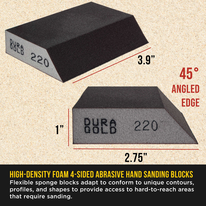 220 Grit 4-Sided Hand Sanding Block Sponges with Angled Edge, Box of 6 - Performance Flex 3.9" x 2.75" x 1" Wet or Dry Flexible Sandpaper Abrasive Pads - Sand Wood, Drywall, Metal Auto Paint