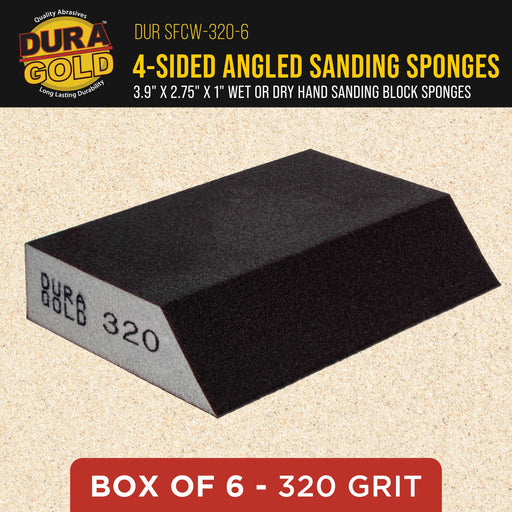 320 Grit 4-Sided Hand Sanding Block Sponges with Angled Edge, Box of 6 - Performance Flex 3.9" x 2.75" x 1" Wet or Dry Flexible Sandpaper Abrasive Pads - Sand Wood, Drywall, Metal Auto Paint