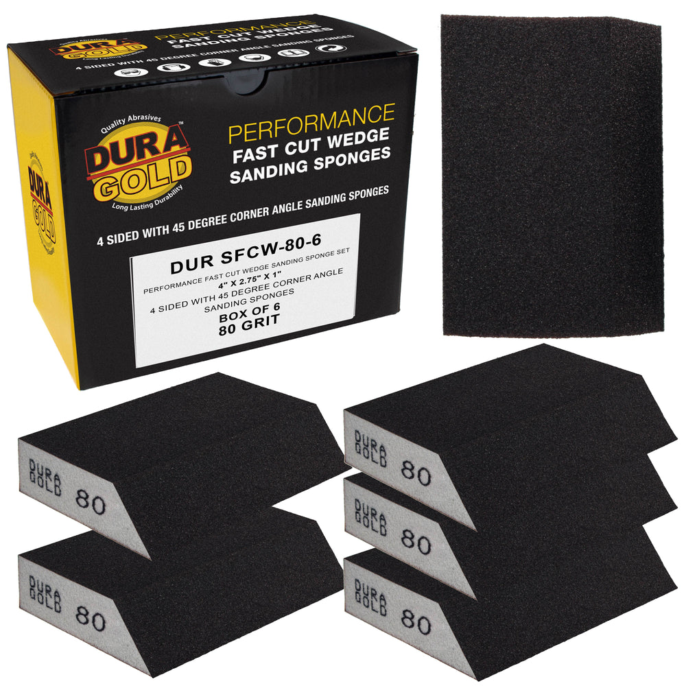 80 Grit 4-Sided Hand Sanding Block Sponges with Angled Edge, Box of 6 - Performance Flex 3.9" x 2.75" x 1" Wet or Dry Flexible Sandpaper Abrasive Pads - Sand Wood, Drywall, Metal Auto Paint