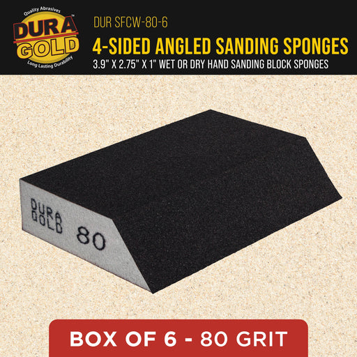 80 Grit 4-Sided Hand Sanding Block Sponges with Angled Edge, Box of 6 - Performance Flex 3.9" x 2.75" x 1" Wet or Dry Flexible Sandpaper Abrasive Pads - Sand Wood, Drywall, Metal Auto Paint