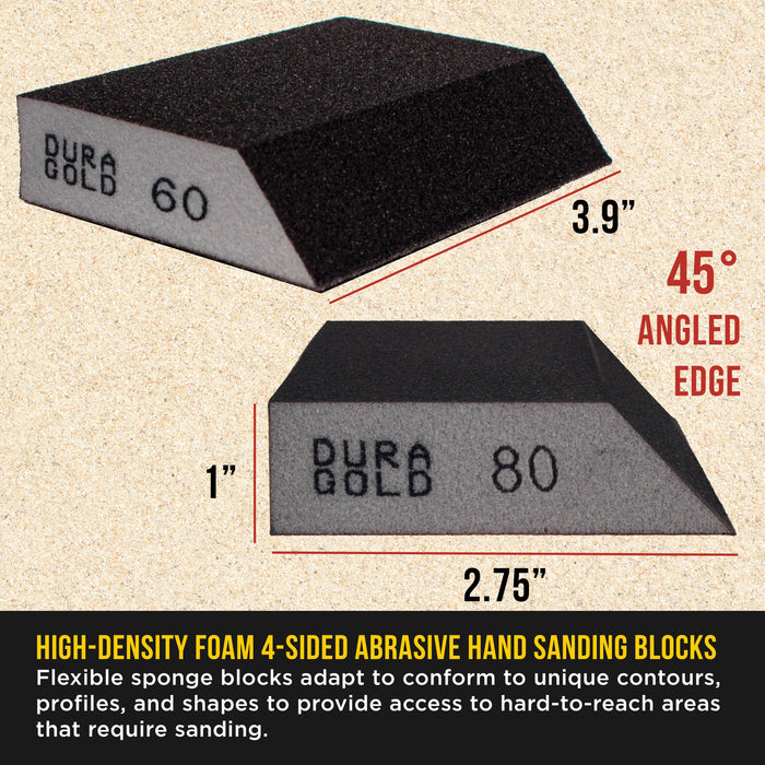 80 Grit 4-Sided Hand Sanding Block Sponges with Angled Edge, Box of 6 - Performance Flex 3.9" x 2.75" x 1" Wet or Dry Flexible Sandpaper Abrasive Pads - Sand Wood, Drywall, Metal Auto Paint