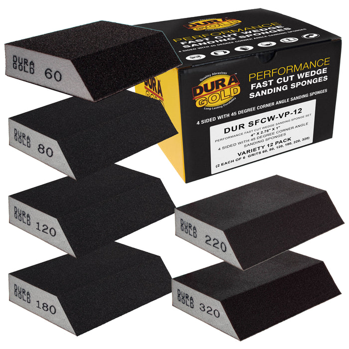 4-Sided Hand Sanding Block Sponges with Angled Edge, Variety Pack, Box of 12, Grits 60, 80, 120, 180, 220, 320 - 3.9" x 2.75" x 1" Wet or Dry Flexible Sandpaper Sand Wood Drywall Metal Paint