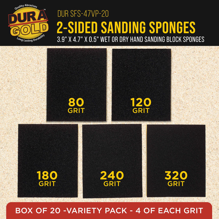 Double-Sided Sanding Sponge Grit Variety Pack, Box of 20, Grits 80, 120, 180, 240, 320 - 4.7" x 3.9" Wet or Dry Flexible Softback Sandpaper Sponges, Hand Sanding Block Pad, Wood Metal Paint