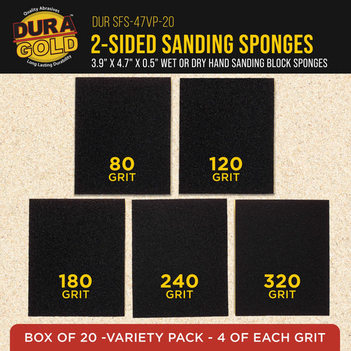 Double-Sided Sanding Sponge Grit Variety Pack, Box of 20, Grits 80, 120, 180, 240, 320 - 4.7" x 3.9" Wet or Dry Flexible Softback Sandpaper Sponges, Hand Sanding Block Pad, Wood Metal Paint