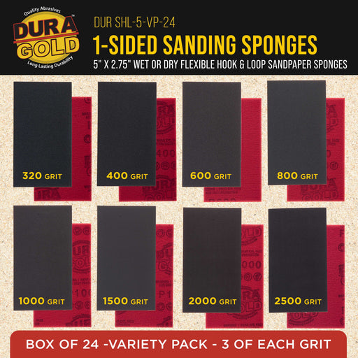 5" x 2-3/4" Sanding Sponge Variety Pack, Box of 24 - Grits 320, 400, 600, 800, 1000, 1500, 2000, 2500 - Hook & Loop Wet or Dry Flexible Sandpaper, Hand Sanding Blocks Polish Metal Auto Paint