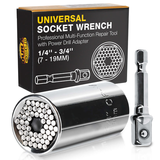Dura-Gold Universal Socket Wrench, 1/4'' - 3/4'' (7 - 19mm) - Multi-Function Repair Tool with Power Drill Adapter - Ratchet to Tighten & Losen Nuts
