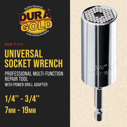 Dura-Gold Universal Socket Wrench, 1/4'' - 3/4'' (7 - 19mm) - Multi-Function Repair Tool with Power Drill Adapter - Ratchet to Tighten & Losen Nuts