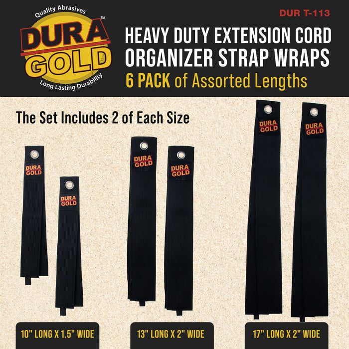 Dura-Gold Heavy Duty Extension Cord Organizer Strap Wraps, 6 Pack - Storage Strap Holder for Cords, Hoses, Rope, Cables, Tools - Garage Wall Hanger