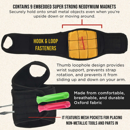 Magnetic Wristband with Super Strong Magnets - Wrist Support Tool Belt that Holds Fasteners, Nails, Screws, Drill Bits - Mechanic, Handyman