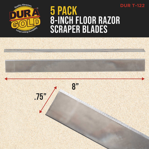 Dura-Gold Replacement 8-inch Floor Razor Scraper Blades, Pack of 5 - Sharp, Durable, Hardened Steel Razors, Removal of Floor Covering, Tile, Vinyl