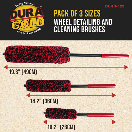 Dura-Gold Wheel Detailing and Cleaning Brushes, Pack of 3 Sizes - Durable Synthetic Wool Microfiber - Clean Detail Auto Wheels, Rims, Grills
