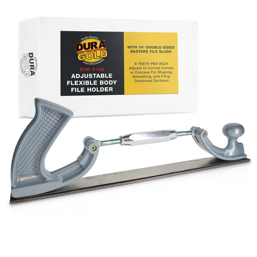 Dura-Gold Adjustable Flexible Body File Holder with 14" Double-Sided Bastard File Blade, 9 Teeth Per Inch - Shape and File Contoured Surfaces