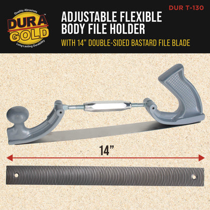 Adjustable Flexible Body File Holder with 14" Double-Sided Bastard File Blade, 9 Teeth Per Inch - Shape and File Contoured Surfaces