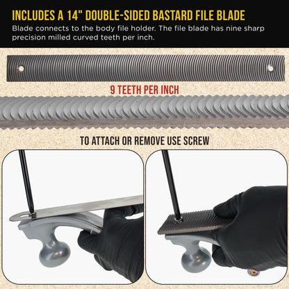 Adjustable Flexible Body File Holder with 14" Double-Sided Bastard File Blade, 9 Teeth Per Inch - Shape and File Contoured Surfaces