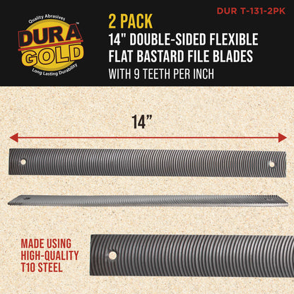 14" Flexible Flat Bastard File Blade, Double-Sided with 9 Teeth Per Inch, Pack of 2 - Mounting Holes for Adjustable Body File Holder