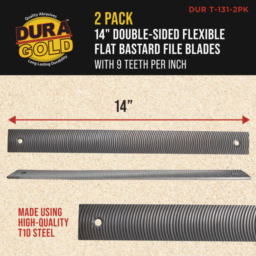 Dura-Gold 14" Flexible Flat Bastard File Blade, Double-Sided with 9 Teeth Per Inch, Pack of 2 - Mounting Holes for Adjustable Body File Holder