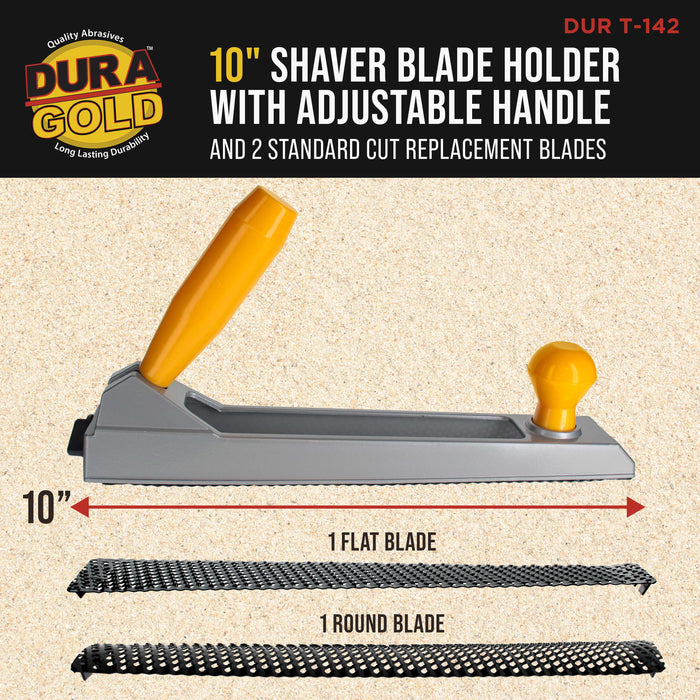 Dura-Gold 10" Shaver Blade Holder with Adjustable Handle and 2 Standard Cut Replacement Blades, 1/2 Round and Flat - Cheesegrater Hand Planer Tool