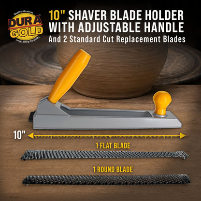 10" Shaver Blade Holder with Adjustable Handle and 2 Standard Cut Replacement Blades, 1/2 Round and Flat - Cheesegrater Hand Planer Tool