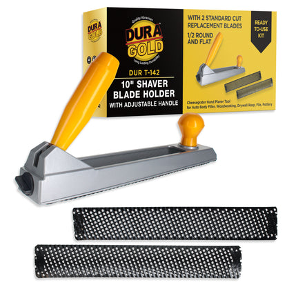 10" Shaver Blade Holder with Adjustable Handle and 2 Standard Cut Replacement Blades, 1/2 Round and Flat - Cheesegrater Hand Planer Tool
