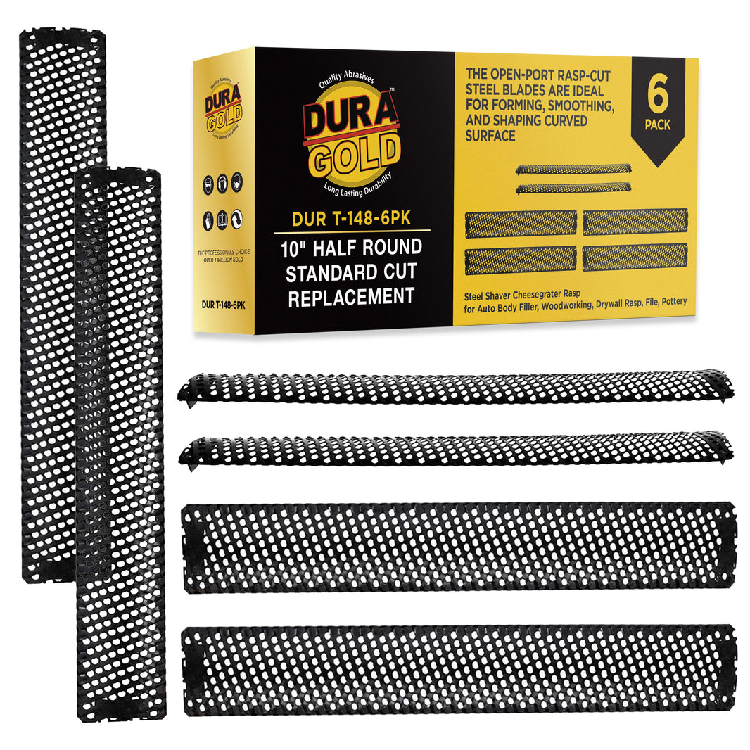 10-Inch Half Round Standard Cut Replacement Blade, Pack of 6 - Steel Shaver Cheesegrater Rasp for Auto Body Filler, Dent Repairs