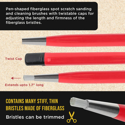 Fiberglass Spot Scratch Brush Pen Tool, Pack of 3 - Clean, Sand, Scuff Surfaces, Remove Rust & Corrosion, Prep Sanding Auto Paint Scratches