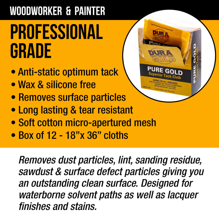 Pure Gold Superior Tack Cloths - (Box of 12) - Woodworker and Painters Grade - Compatible with Most Surfaces - Wax and Silicone Free and Anti-Static