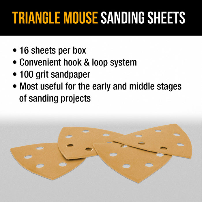 Triangle Mouse Sanding Sheets - 100 Grit (Box of 16) - 6 Hole Pattern Hook & Loop Triangular Shaped Discs - Aluminum Oxide Sandpaper