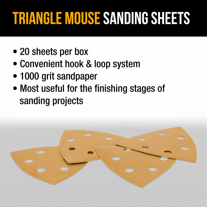 Triangle Mouse Sanding Sheets - 1000 Grit (Box of 20) - 6 Hole Pattern Hook & Loop Triangular Shaped Discs - Aluminum Oxide Sandpaper