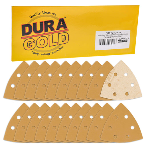 Triangle Mouse Sanding Sheets - 120 Grit (Box of 24) - 6 Hole Pattern Hook & Loop Triangular Shaped Discs - Aluminum Oxide Sandpaper