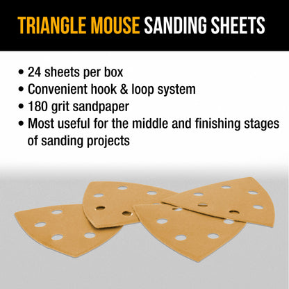 Triangle Mouse Sanding Sheets - 180 Grit (Box of 24) - 6 Hole Pattern Hook & Loop Triangular Shaped Discs - Aluminum Oxide Sandpaper