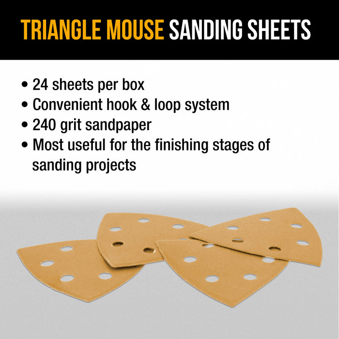 Triangle Mouse Sanding Sheets - 240 Grit (Box of 24) - 6 Hole Pattern Hook & Loop Triangular Shaped Discs - Aluminum Oxide Sandpaper