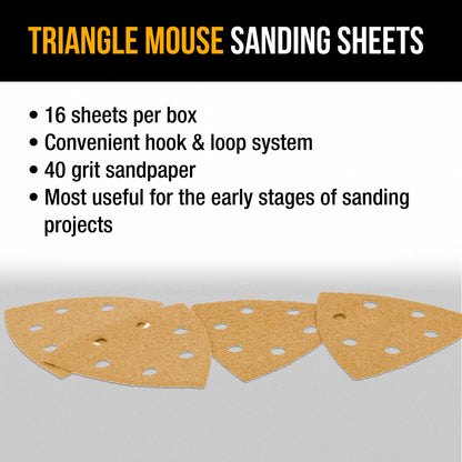 Triangle Mouse Sanding Sheets - 40 Grit (Box of 16) - 6 Hole Pattern Hook & Loop Triangular Shaped Discs - Aluminum Oxide Sandpaper