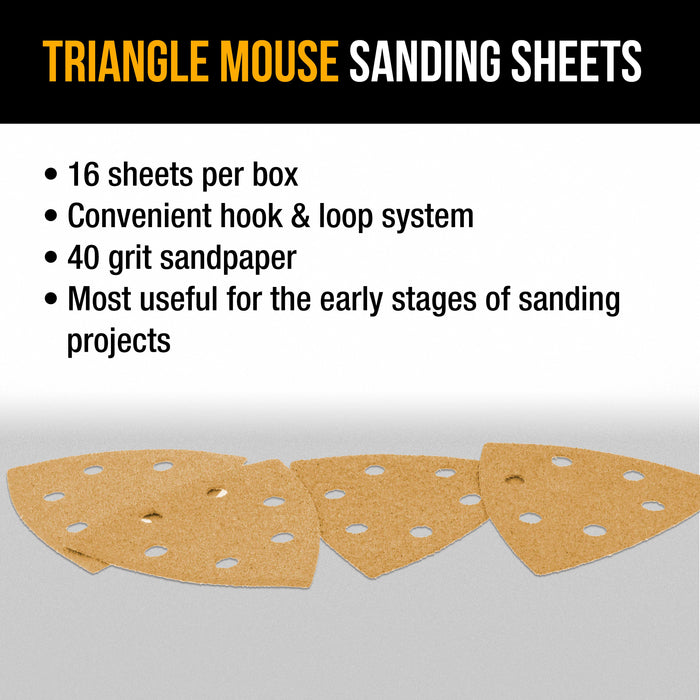 Triangle Mouse Sanding Sheets - 40 Grit (Box of 16) - 6 Hole Pattern Hook & Loop Triangular Shaped Discs - Aluminum Oxide Sandpaper